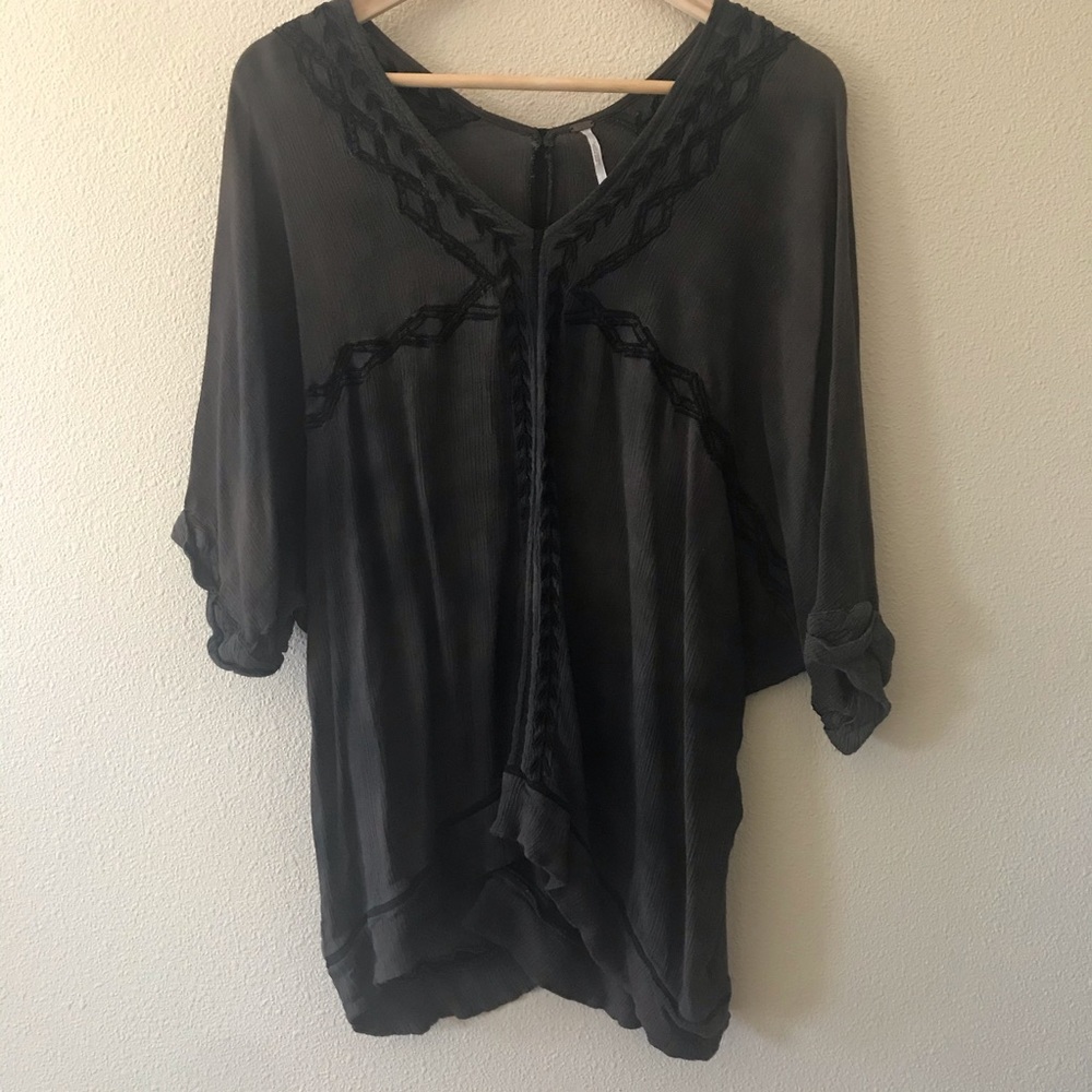 Free People V Neckline Embroidered Tunic Blouse Dark Gray Black Size Med…